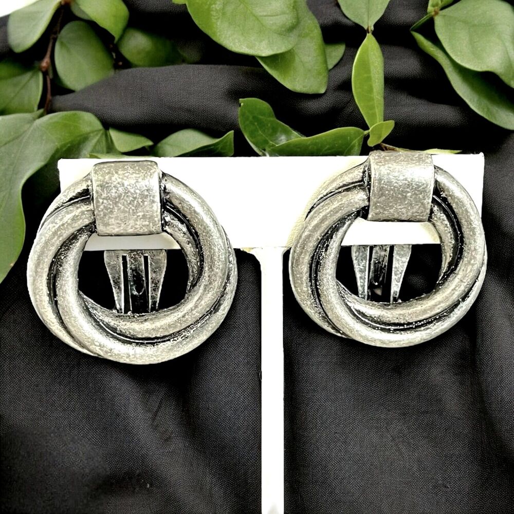 Vintage 1980s Knocker Earrings Antique Silver Tone Clip On - 6U